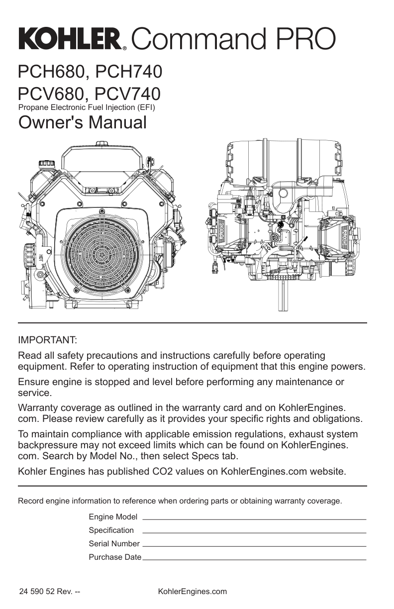 Kohler PCH680 Engine Manual COMMAND PRO EFI Service Repair Shop Parts Owner Operator Instant Download