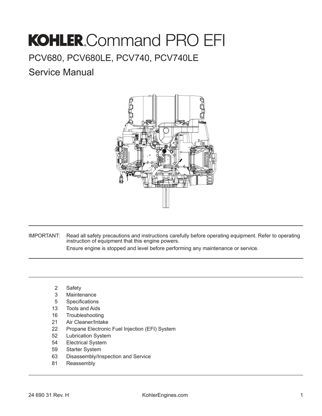 Kohler PCV740LE Engine Manual COMMAND PRO EFI Service Repair Shop Parts Owner Operator Instant Download