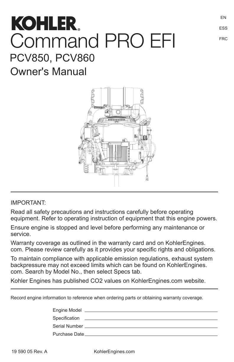 Kohler PCV860 Engine Manual COMMAND PRO EFI Service Repair Shop Parts Owner Operator Instant Download