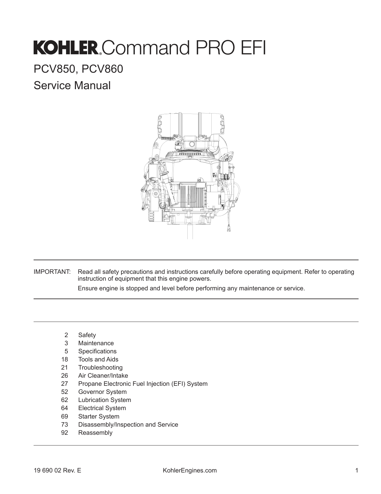 Kohler PCV860 Engine Manual COMMAND PRO EFI Service Repair Shop Parts Owner Operator Instant Download