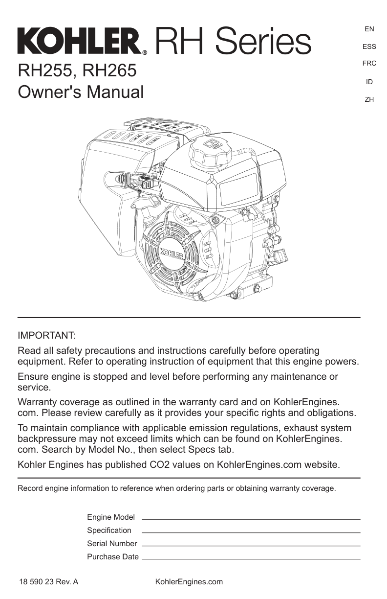 Kohler RH255 Engine Manual RH SERIES Service Repair Shop Parts Owner Operator Instant Download