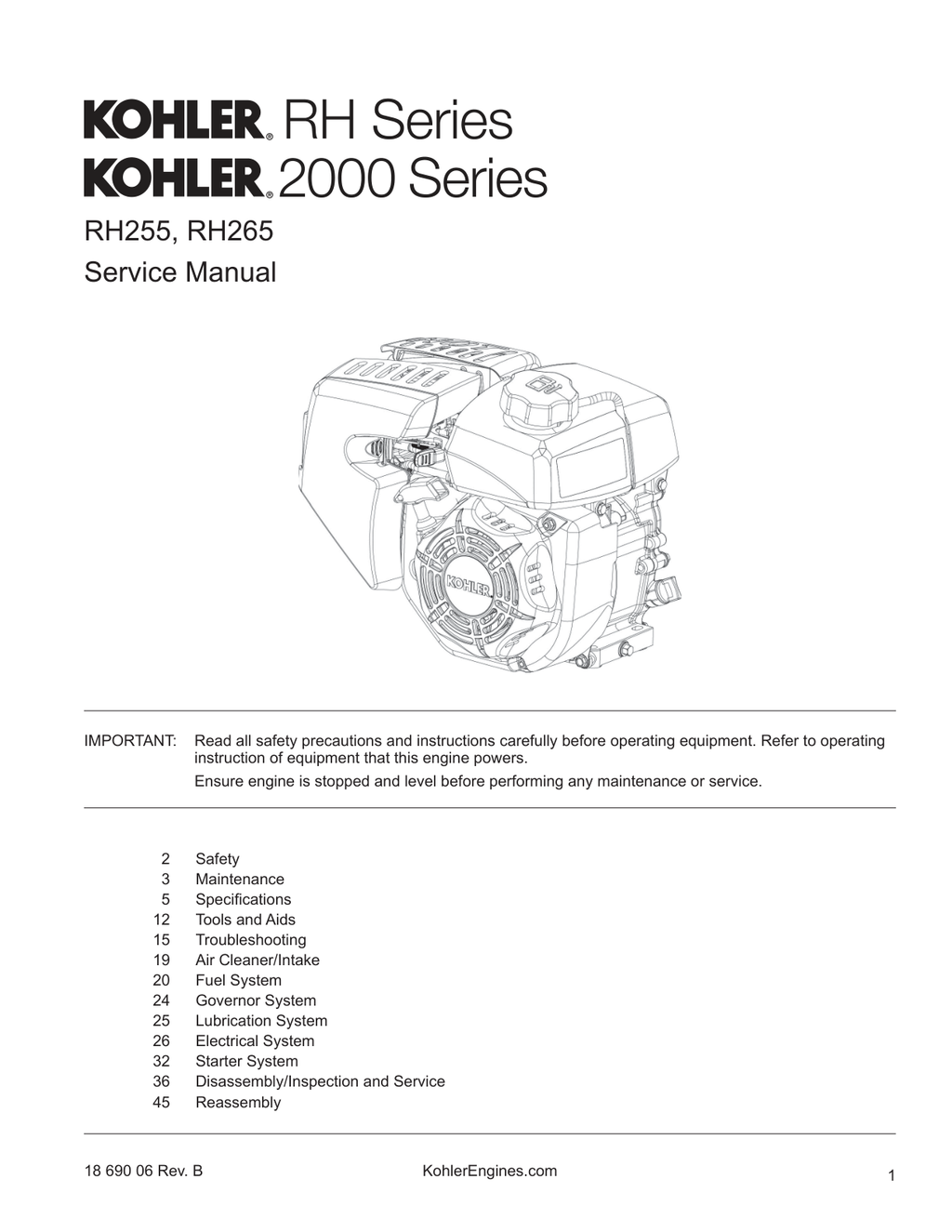 Kohler RH255 Engine Manual RH SERIES Service Repair Shop Parts Owner Operator Instant Download