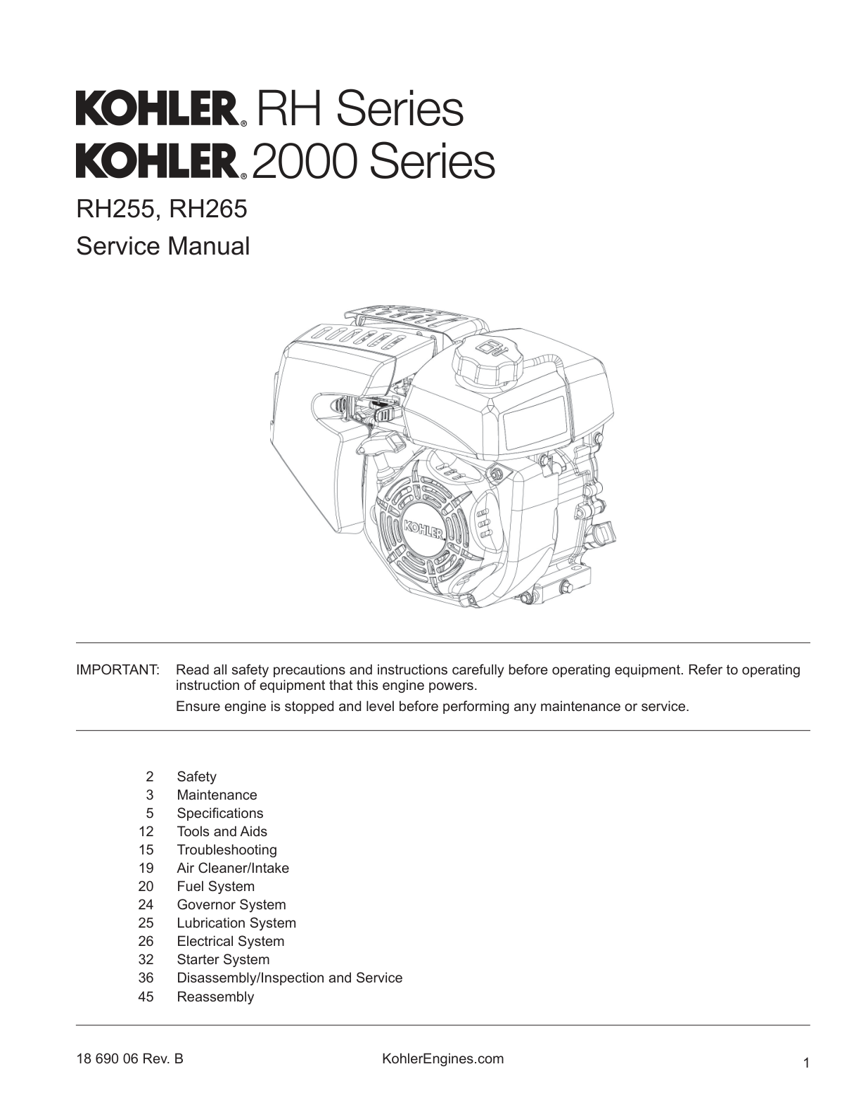 Kohler RH255 Engine Manual RH SERIES Service Repair Shop Parts Owner Operator Instant Download