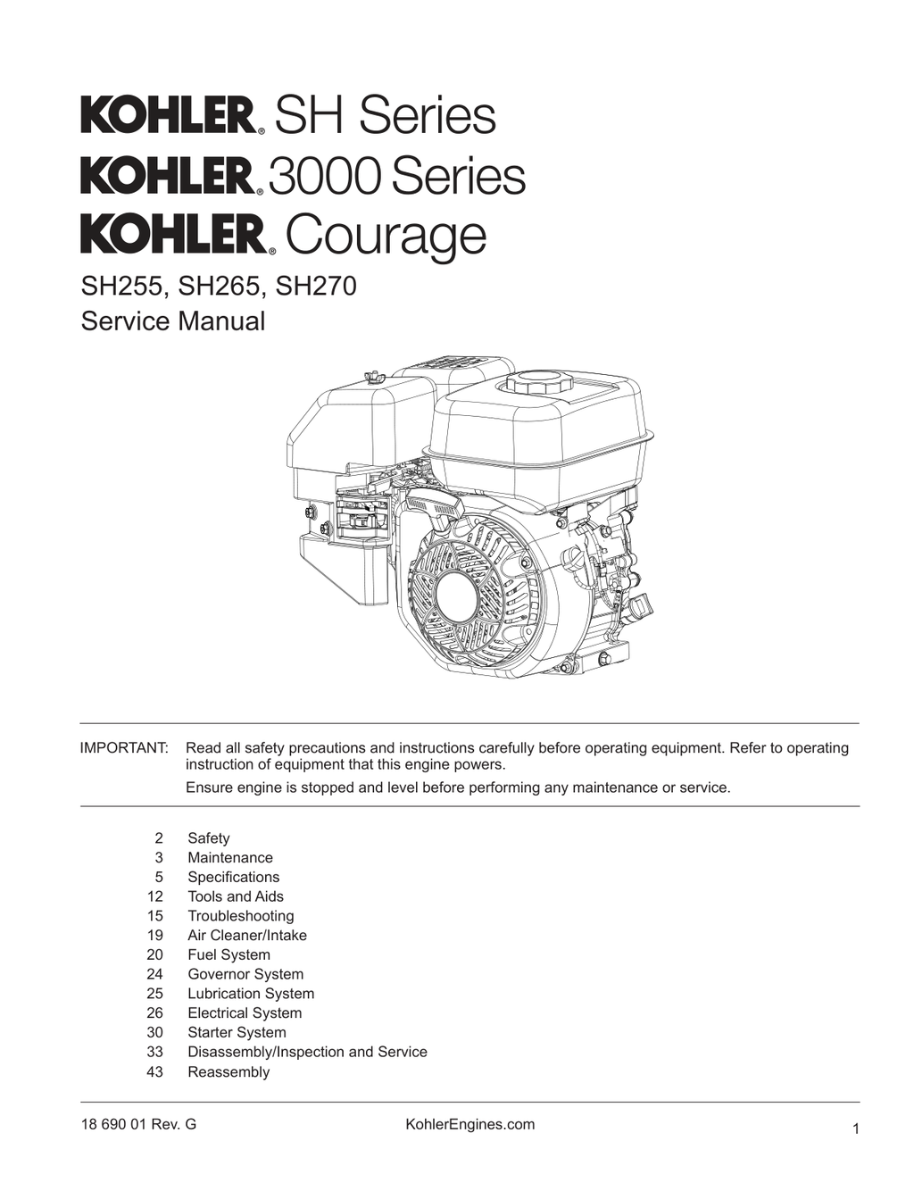 Kohler SH265 Engine Manual SH SERIES Service Repair Shop Parts Owner Operator Instant Download