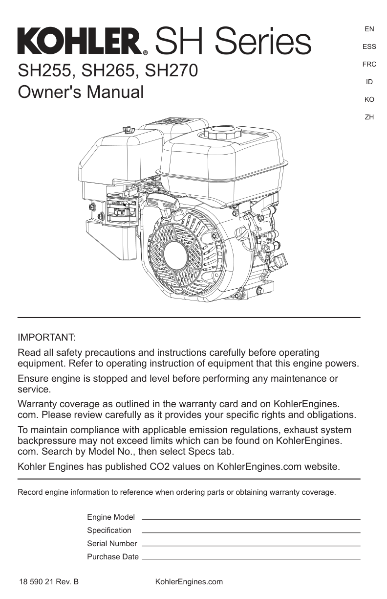 Kohler SH265 Engine Manual SH SERIES Service Repair Shop Parts Owner Operator Instant Download