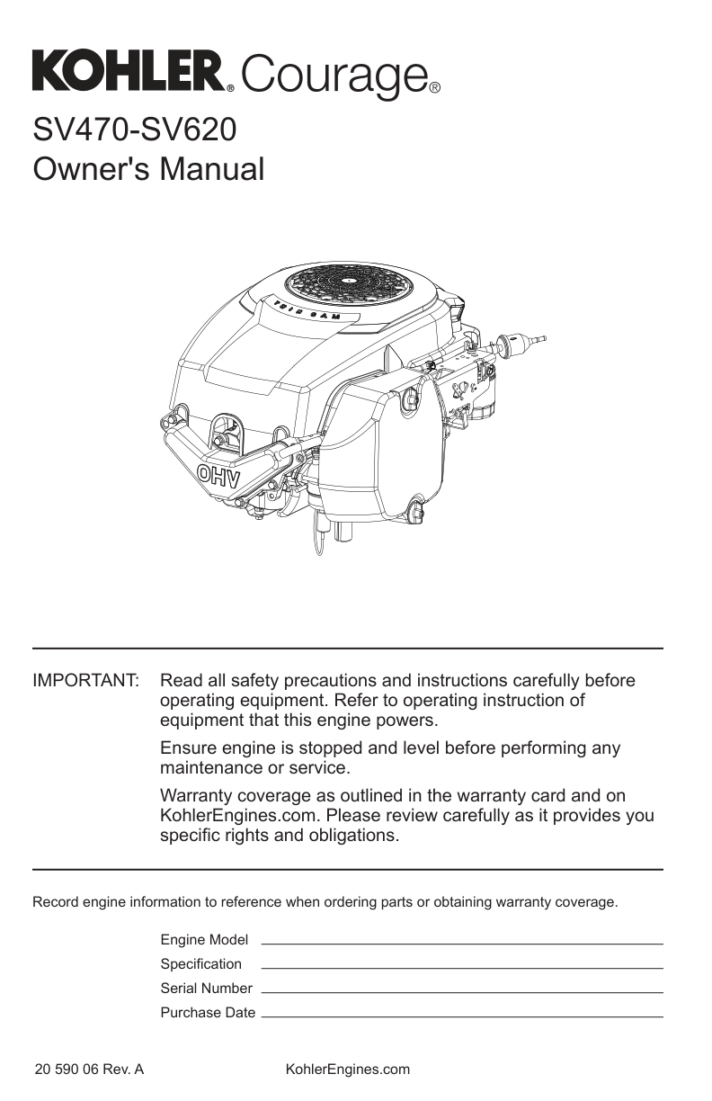 Kohler SV470 Engine Manual COURAGE Service Repair Shop Parts Owner Operator Instant Download