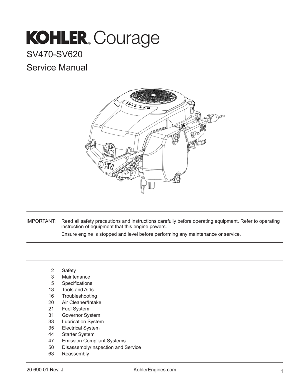 Kohler SV470 Engine Manual COURAGE Service Repair Shop Parts Owner Operator Instant Download
