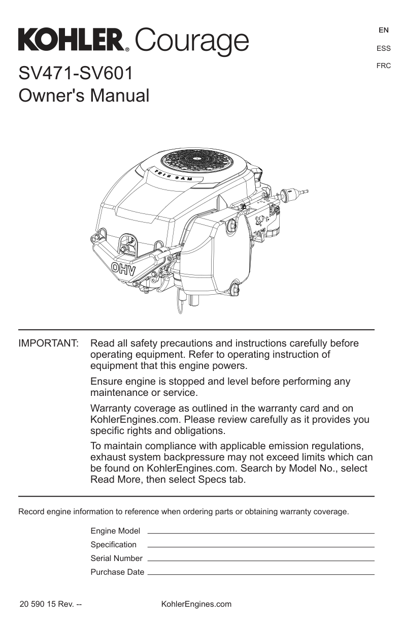 Kohler SV471 Engine Manual COURAGE Service Repair Shop Parts Owner Operator Instant Download