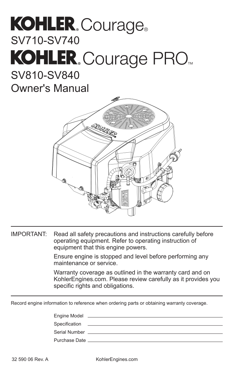 Kohler SV730 Engine Manual COURAGE Service Repair Shop Parts Owner Operator Instant Download