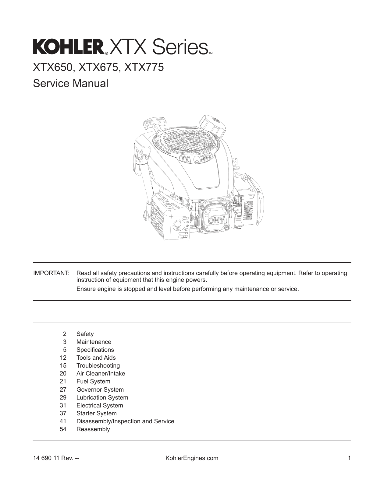 Kohler XTX650 Engine Manual XTX SERIES Service Repair Shop Parts Owner Operator Instant Download