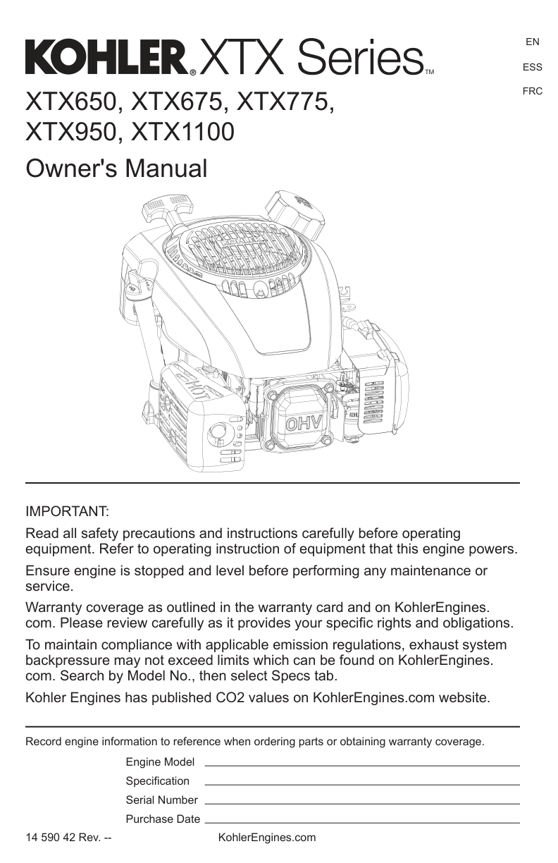 Kohler XTX775 Engine Manual XTX SERIES Service Repair Shop Parts Owner Operator Instant Download