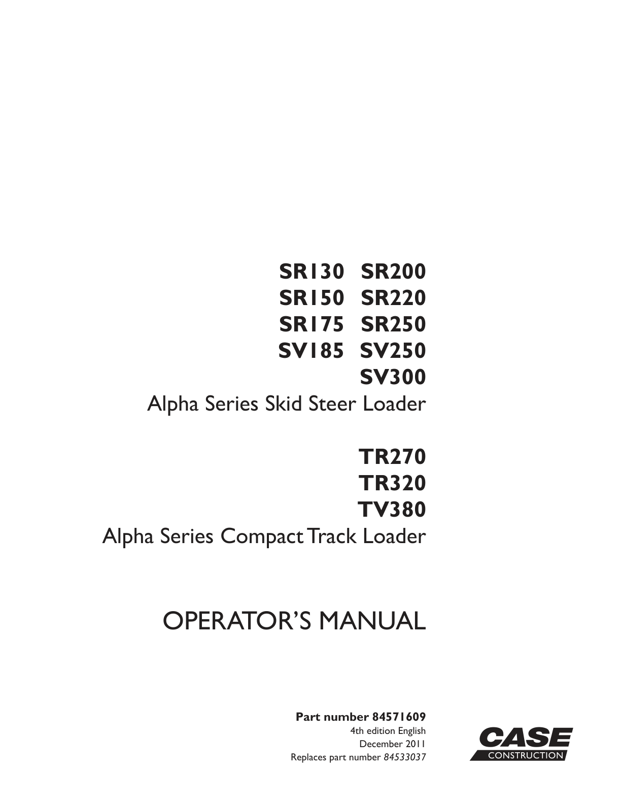 Skid Steer Case SV185 TIER 3 Operator Owner Manual PDF Instant Download