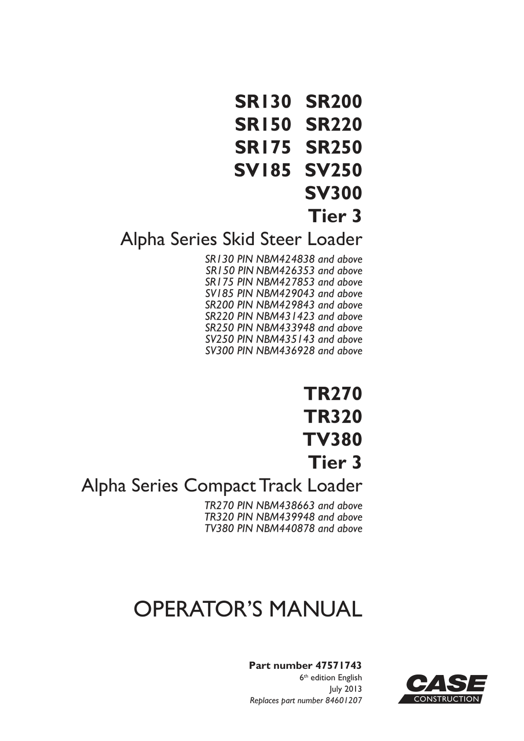 Skid Steer Case SV185 TIER 3 Operator Owner Manual PDF Instant Download