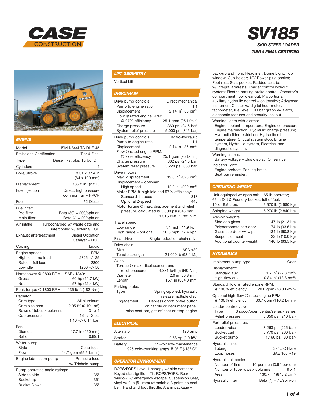 Skid Steer Case SV185 TIER 4B Specifications PDF Instant Download