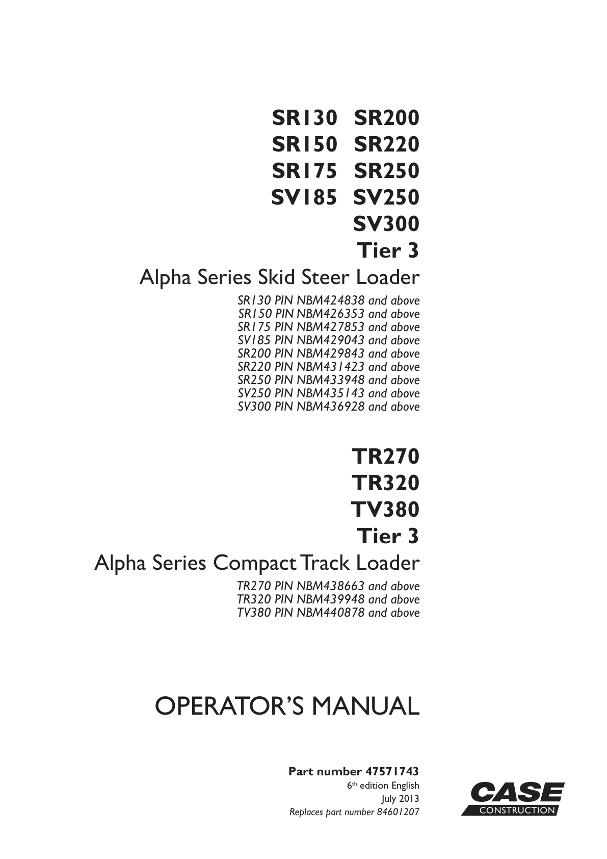 Skid Steer Case SV250 TIER 3 Operator Owner Manual PDF Instant Download