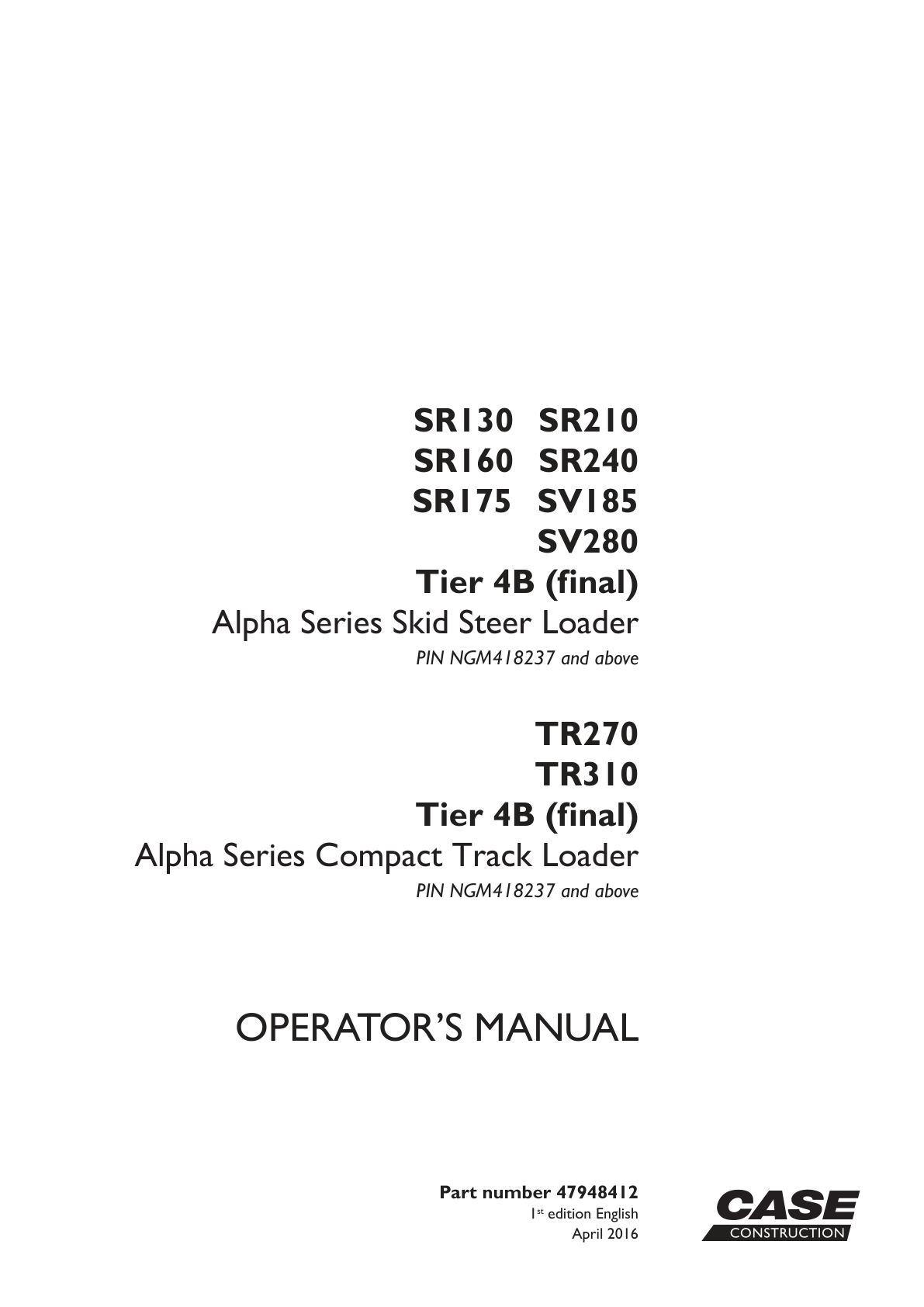 Skid Steer Case SV280 Operator Owner Manual PDF Instant Download