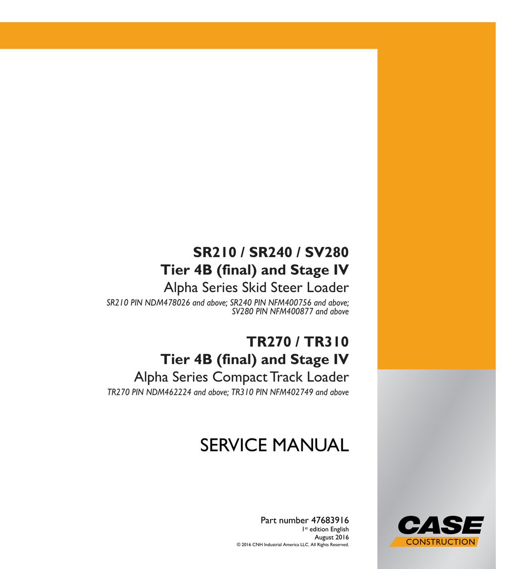 Skid Steer Case SV280 Service Shop Repair Manual PDF Instant Download