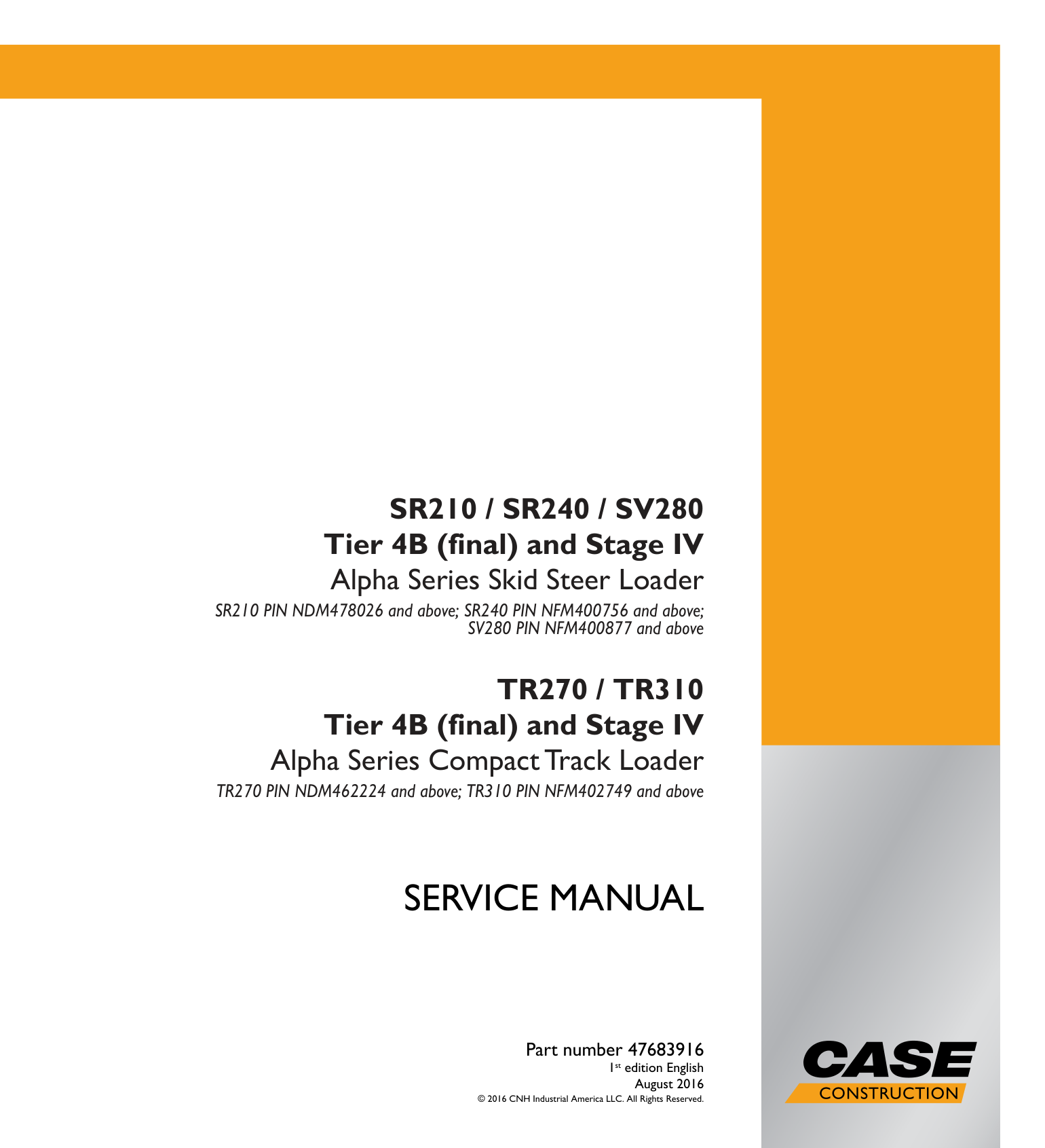 Skid Steer Case SV280 Service Shop Repair Manual PDF Instant Download