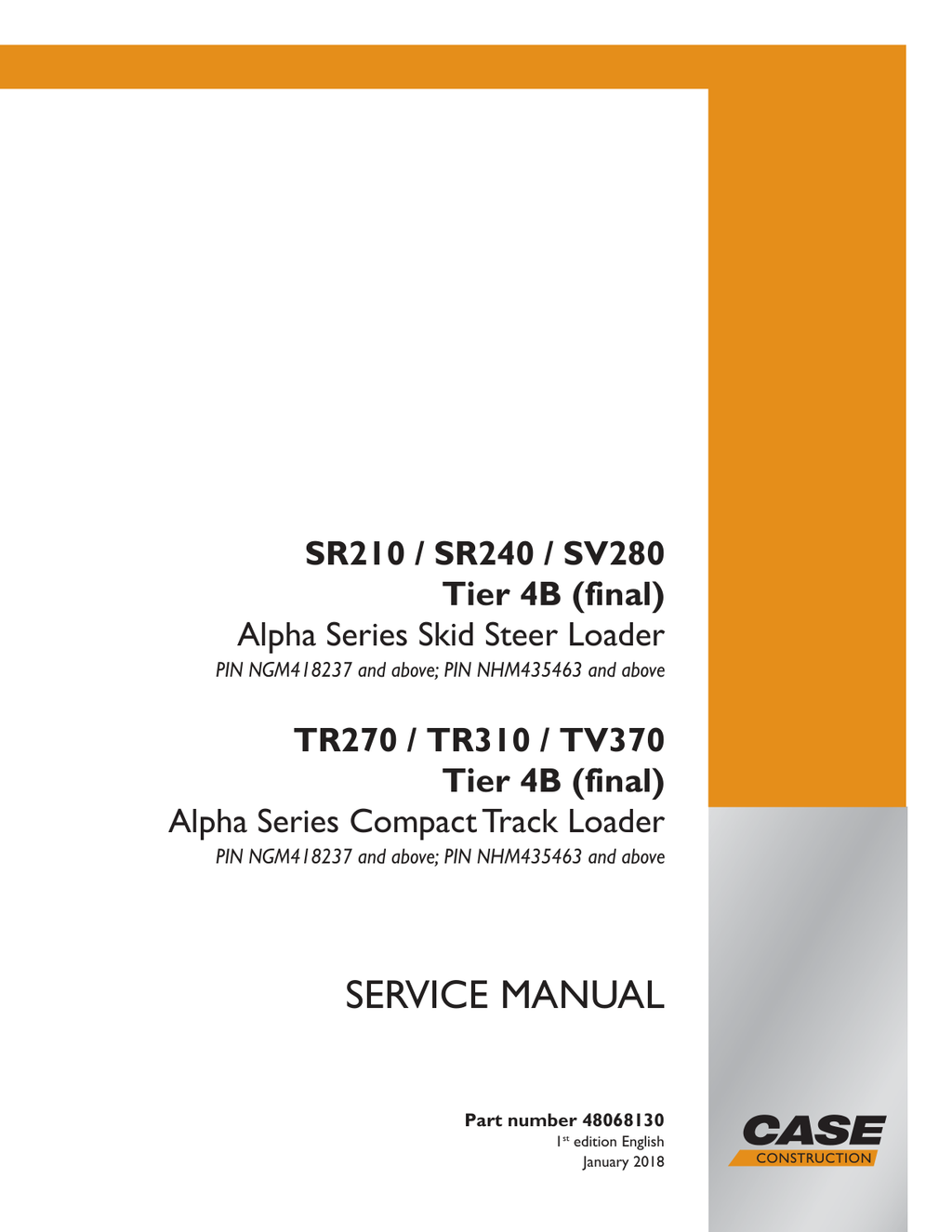Skid Steer Case SV280 Service Shop Repair Manual PDF Instant Download