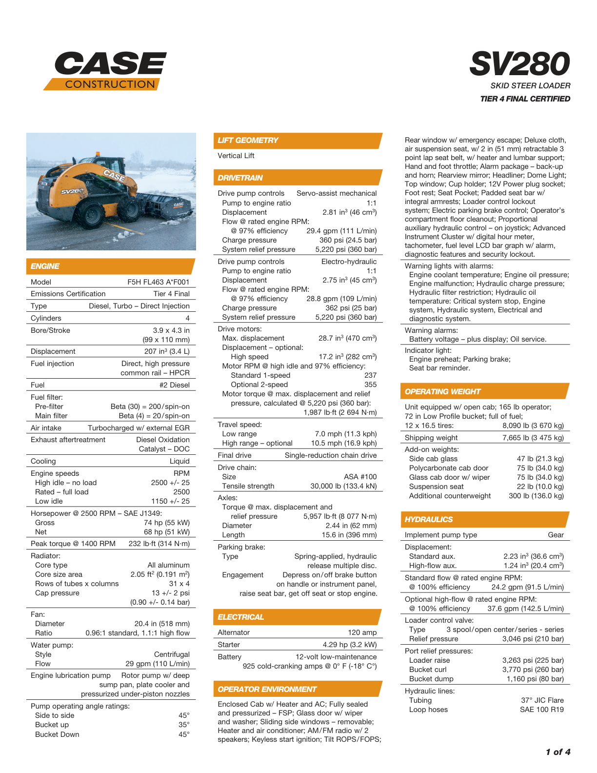 Skid Steer Case SV280 Specifications PDF Instant Download