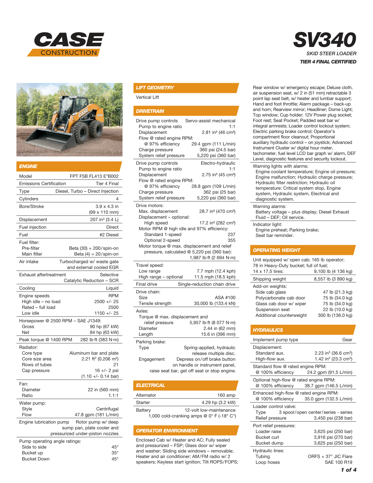 Skid Steer Case SV340 Specifications PDF Instant Download