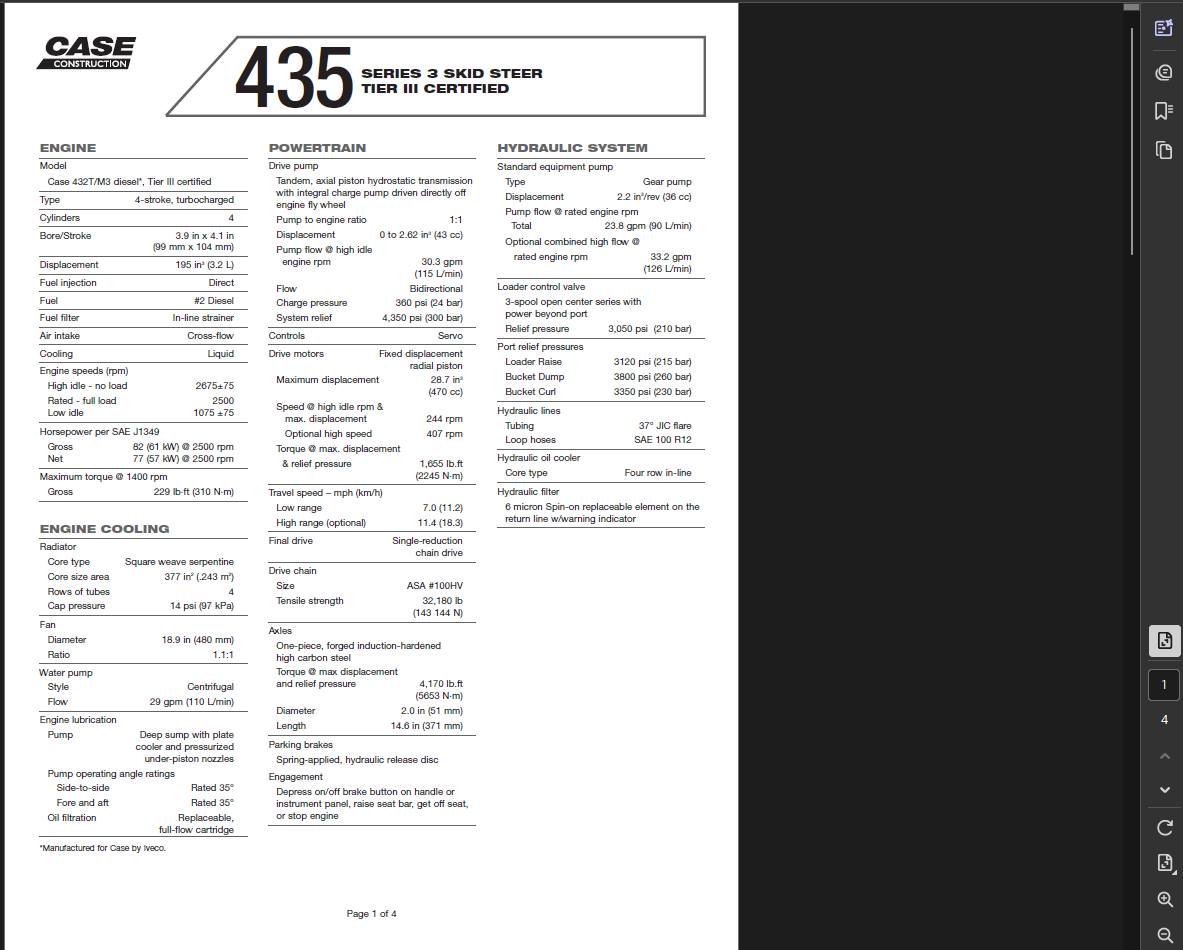 Case Skid Steer 435 Series 3 Specifications Manual PDF Instant Download