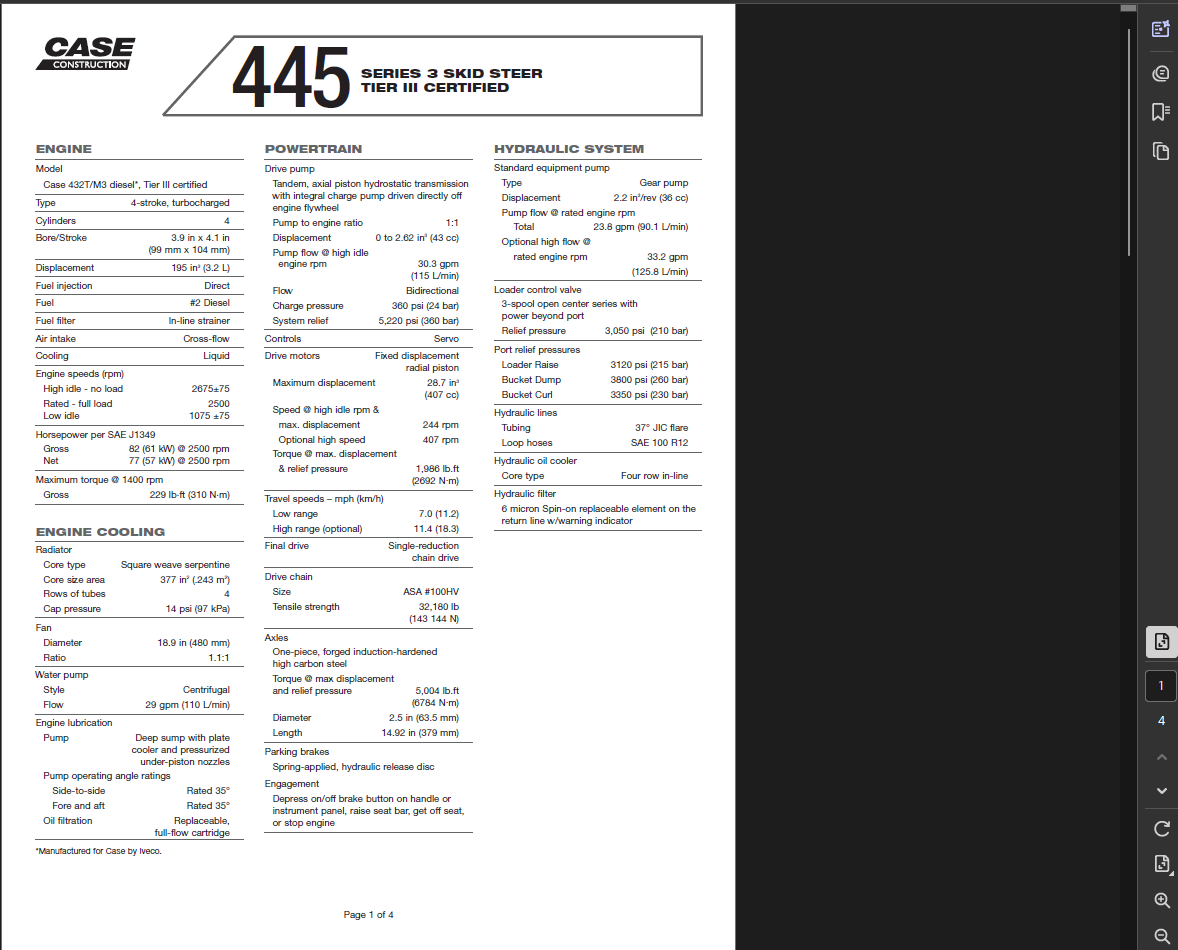 Case Skid Steer 445 Series 3 Specifications Manual PDF Instant Download