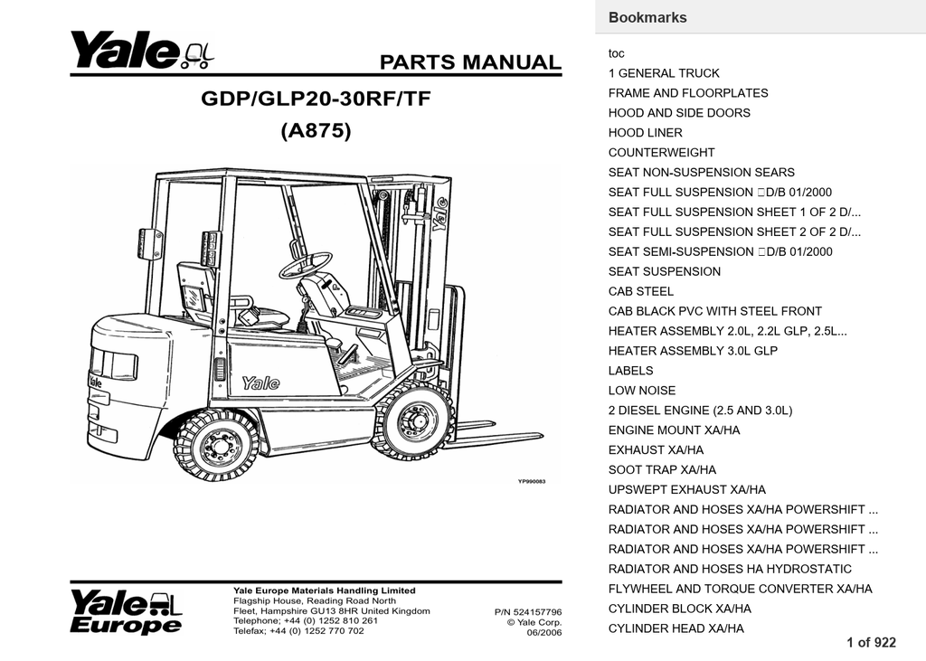 Yale GDP20TF Forklift Service Manual & Parts Manual (A875) Bundle PDF Instant Download