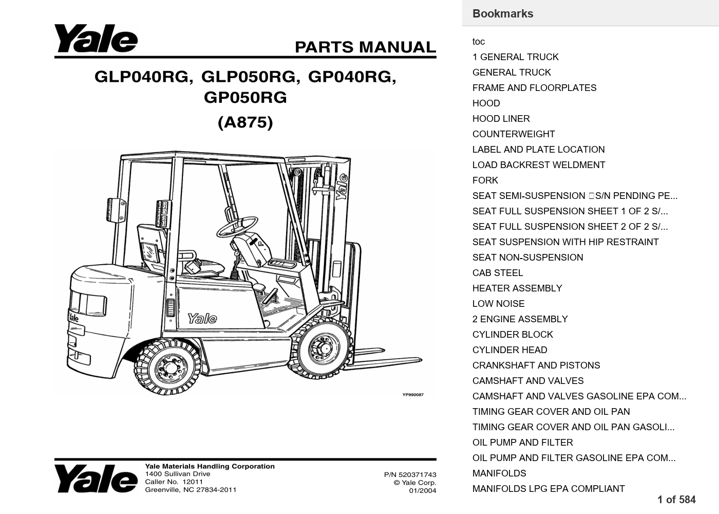 Yale GLP040RG Forklift Parts Manual (A875) PDF Instant Download