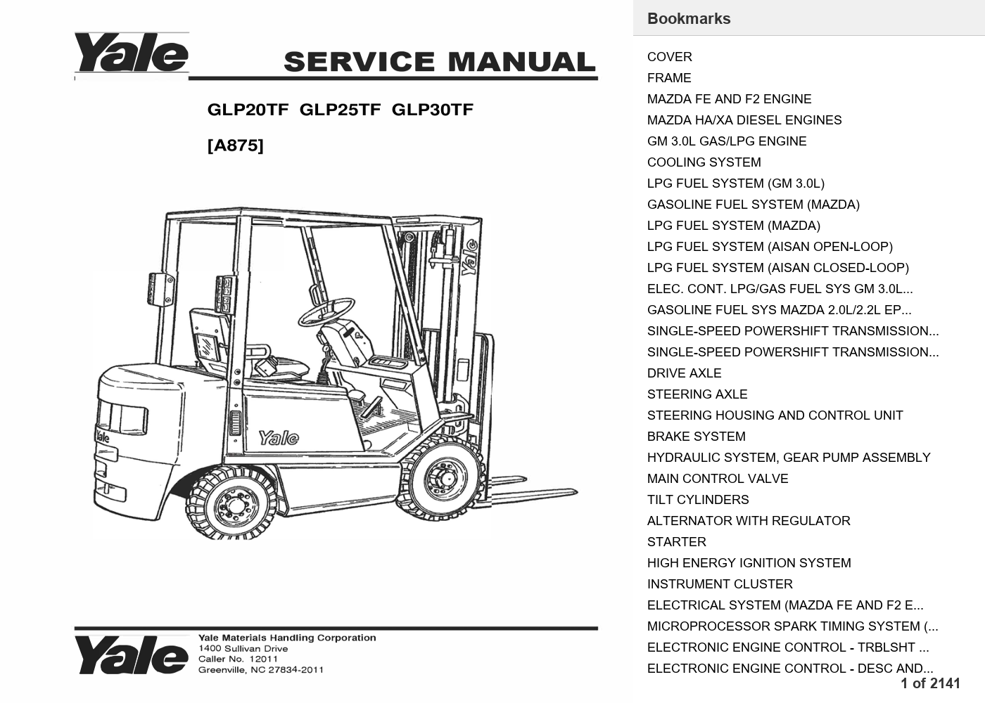 Yale GLP25TF Forklift Parts Manual & Service Manual (A875) Bundle PDF Instant Download