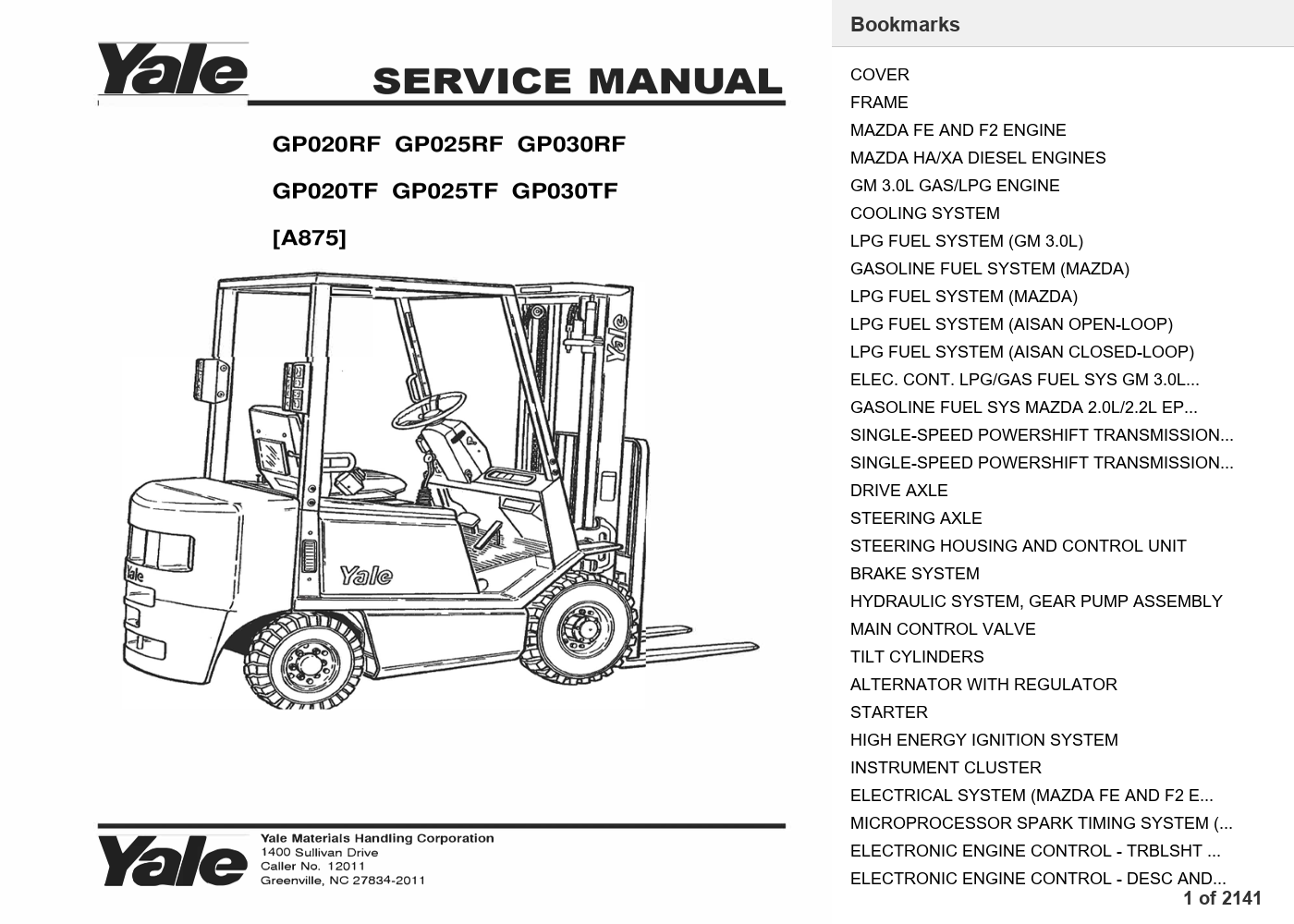 Yale GP030RF Forklift Service Manual (A875) PDF Instant Download