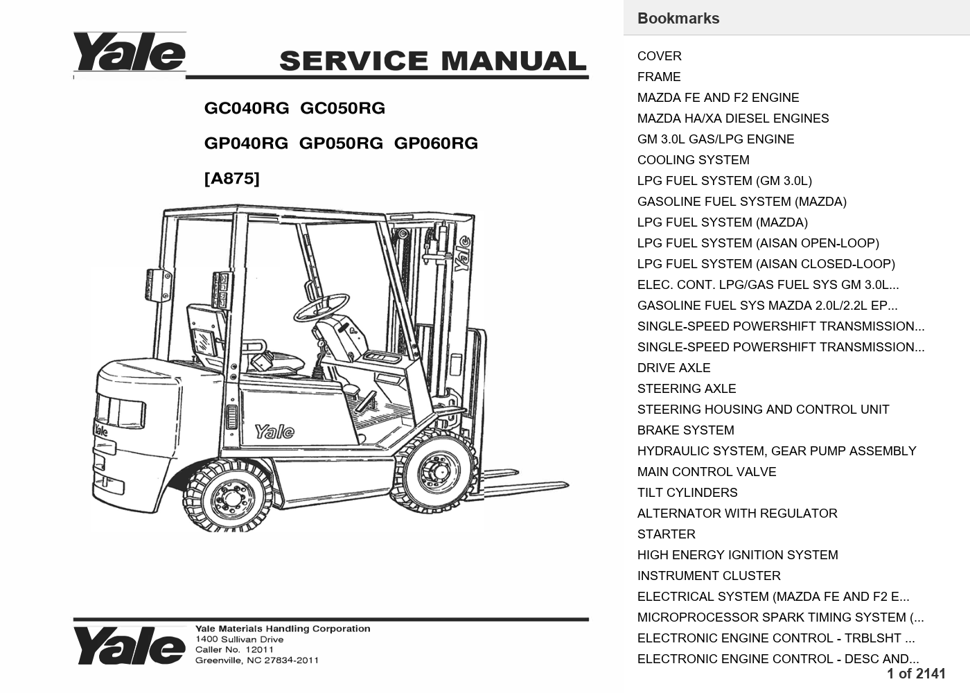 Yale GP040RG Forklift Parts Manual (A875) PDF Instant Download