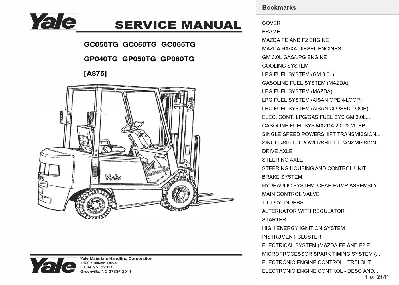 Yale GP050TG Forklift Service Manual (A875) PDF Instant Download