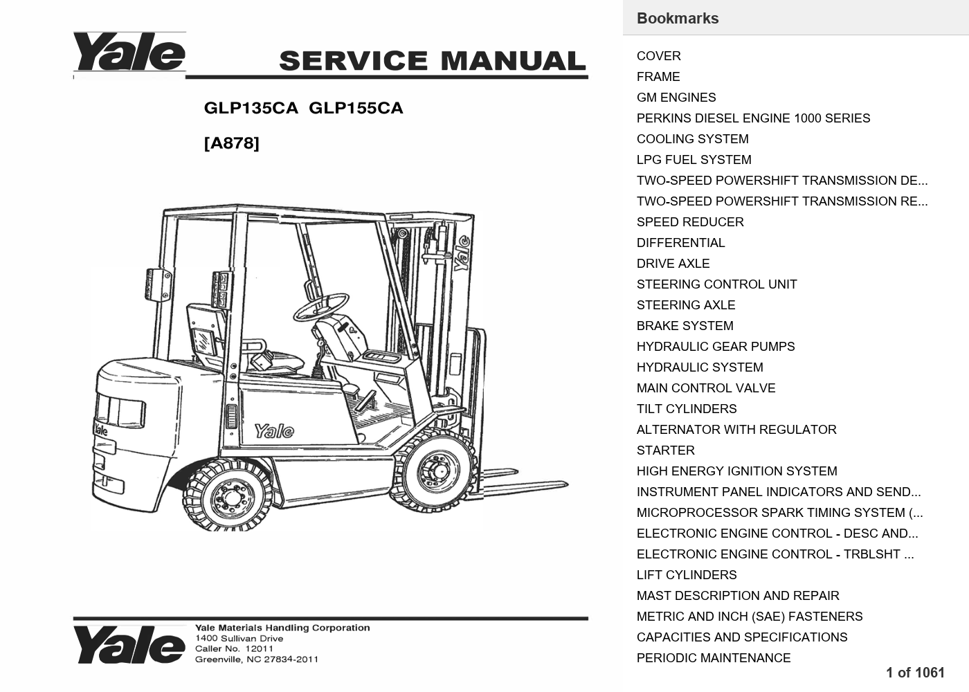 Yale GLP135CA Forklift Service Manual (A878) PDF Instant Download