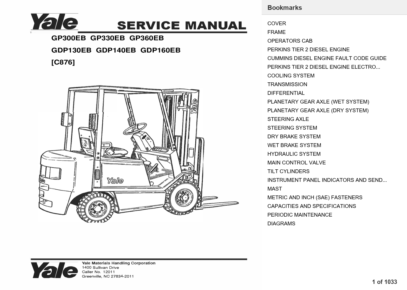 Yale GP360EB Forklift Service Manual (C876) PDF Instant Download