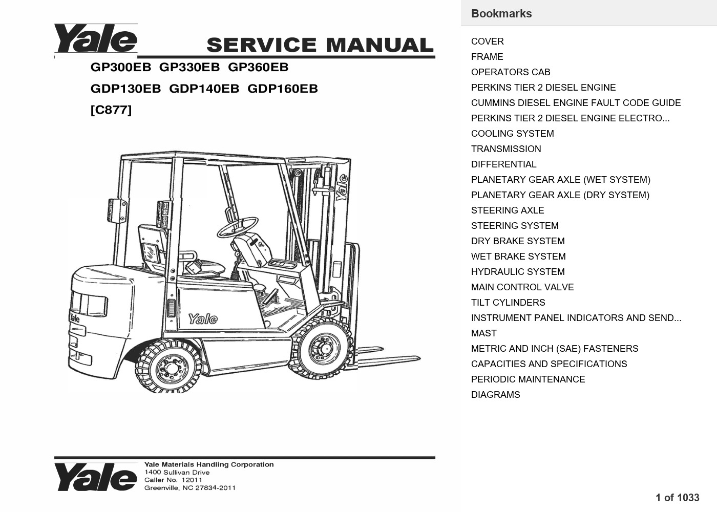 Yale GP360EB Forklift Service Manual (C877) PDF Instant Download